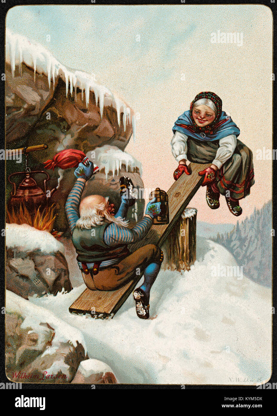 Un'divertente illustrazione natalizia disegnata da Wilhelm Larsen, raffigurante una scena festosa. Il disegno, ricco di tradizioni natalizie norvegesi, è un esempio di arte natalizia vintage, che cattura la gioia e il calore del periodo natalizio. Foto Stock