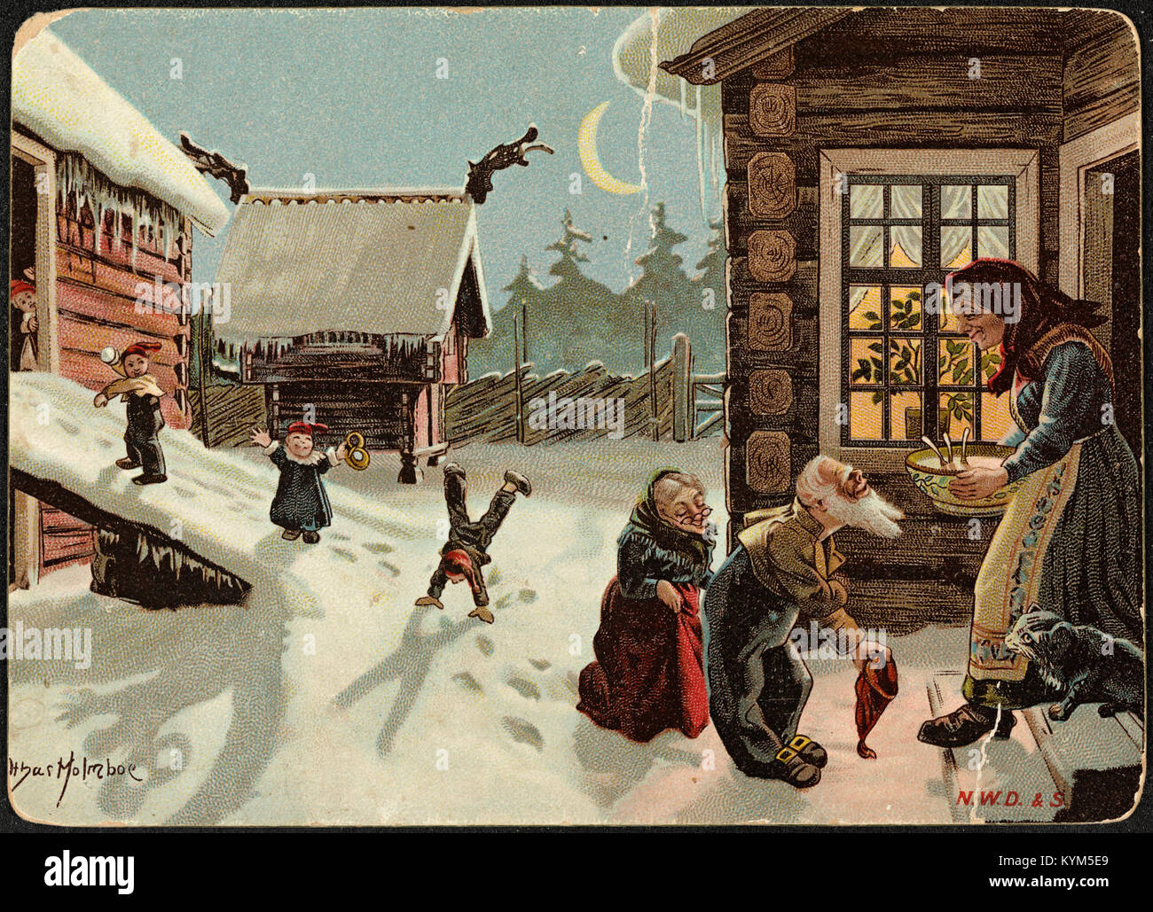 Un'illustrazione natalizia di Othar Holmboe, con simboli tradizionali norvegesi come Nisser (elfi) e julegrøt (porridge natalizio). L'illustrazione fa parte della collezione della Biblioteca Nazionale di Norvegia. Foto Stock