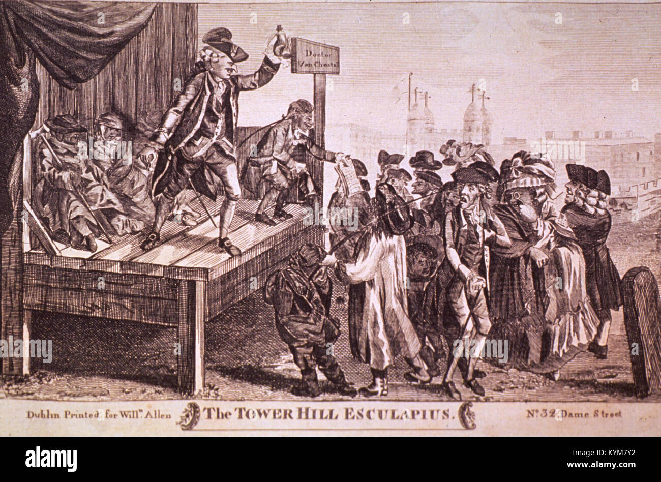 Un'illustrazione di Esculapio, il dio greco della guarigione, associato alla zona di Tower Hill a Londra. L'immagine fa parte di una collezione storica relativa alla medicina e al ciarlatano, con illustrazioni della storia della medicina. Foto Stock