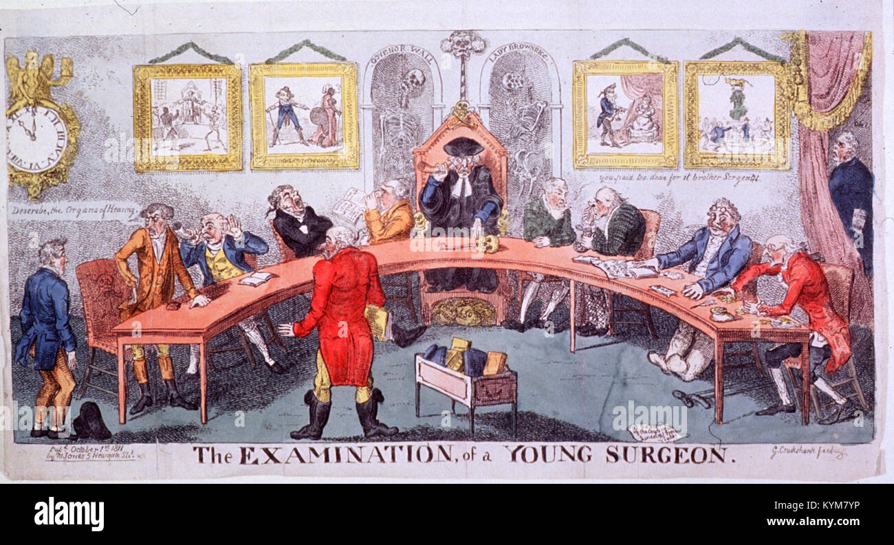 Immagine storica di un giovane chirurgo sottoposto a esame, acquisita in un ambiente clinico. La fotografia evidenzia le pratiche mediche e l'abbigliamento del periodo. Foto Stock