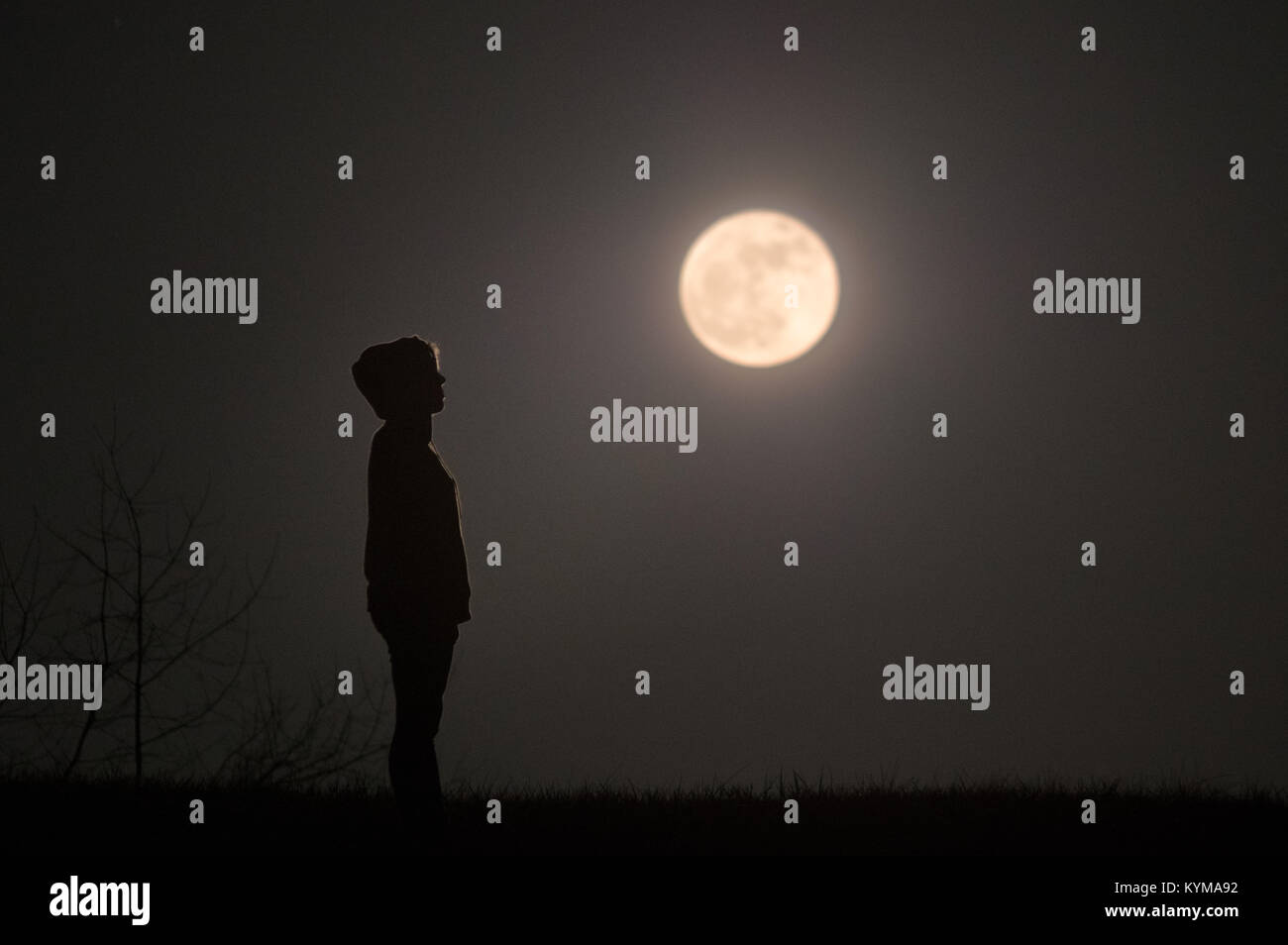 Una vista di profilo di una ragazza che indossa una felpa con cappuccio stagliano sorge circondato da tenebre sotto una luna piena cercando di essere perso nel pensiero. Foto Stock