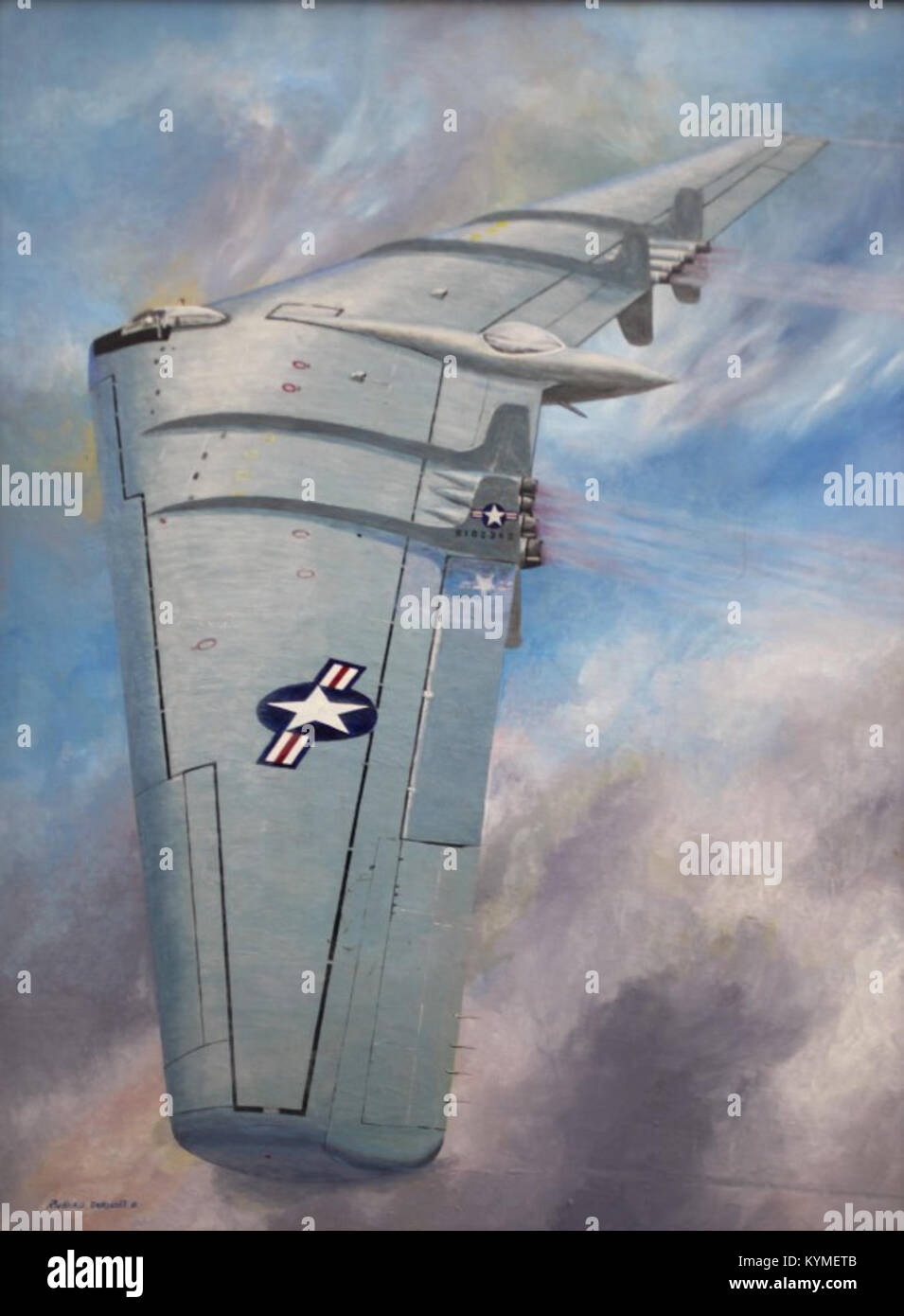 Una fotografia curatoriale che mostra un aereo della Northrop Corporation, in particolare l'YB-49 Flying Wing. Questo velivolo storico è noto per il suo design innovativo e il suo ruolo nella storia dell'aviazione. Foto Stock