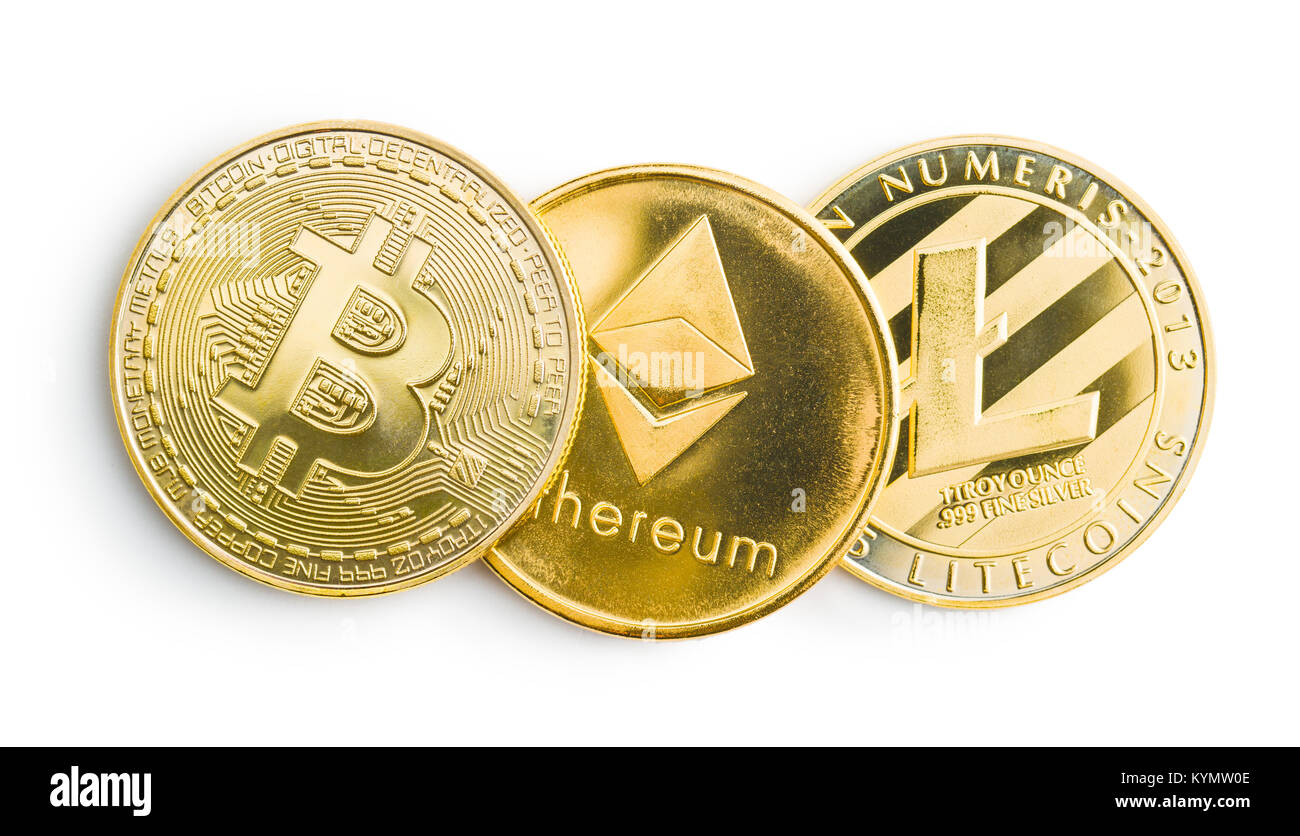 Bitcoin, litecoin ethereum e. Varie cryptocurrency isolati su sfondo bianco. Foto Stock