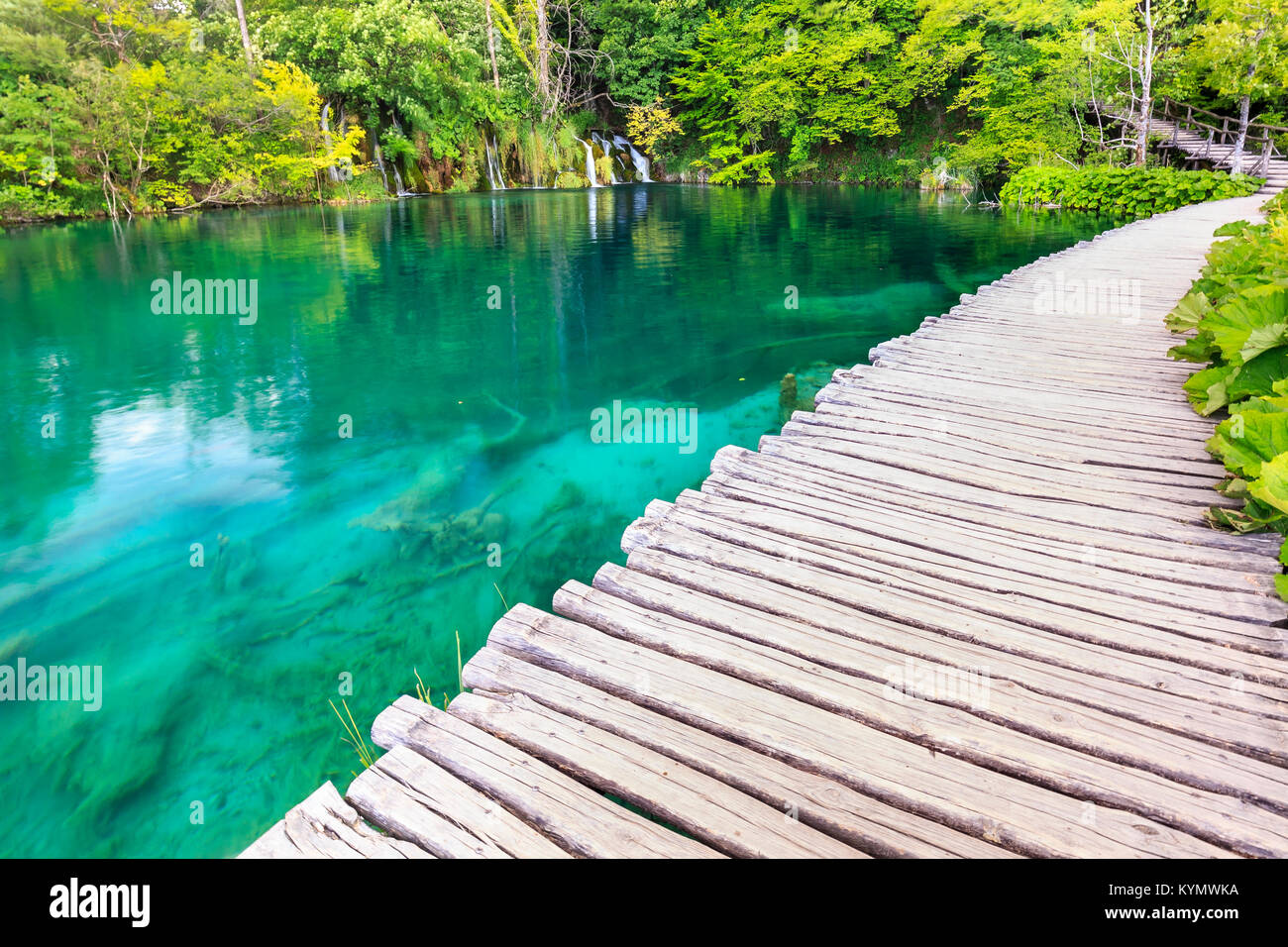 Percorso a piedi su acqua blu nei pressi di cascate in una foresta verde. I laghi di Plitvice, Croazia Foto Stock