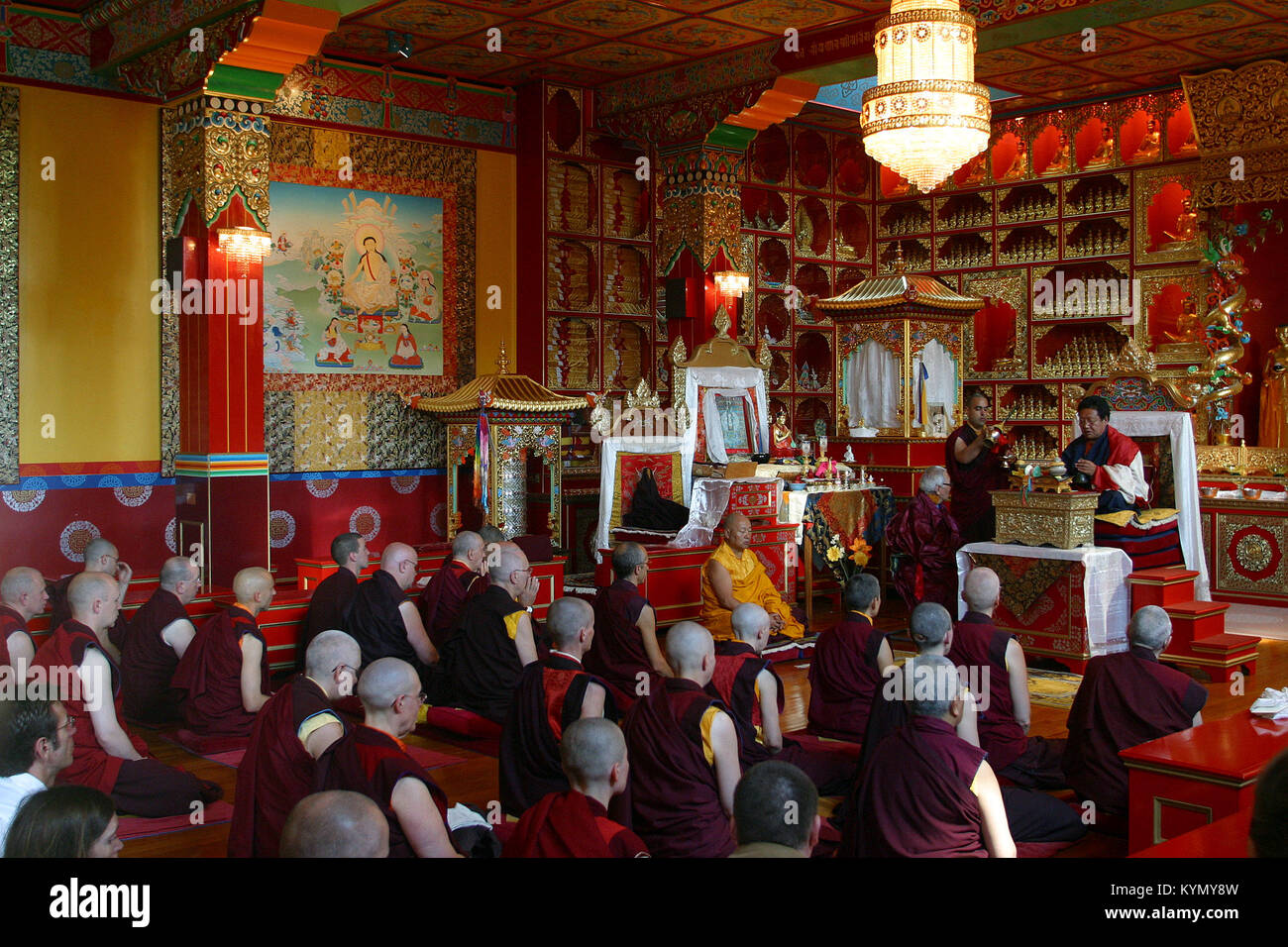 I monaci e le monache si riuniscono per ascoltare Akong Rinpoche, Tibetano-nato il fondatore del monastero buddista a Samye Ling in Dumfriesshire, Scozia, conferisce una benedizione sul suo fratello Lama Yesce Losal (vestito in giallo), in occasione di una cerimonia che si terrà a contrassegnare quest'ultimo al sessantesimo compleanno. Foto Stock