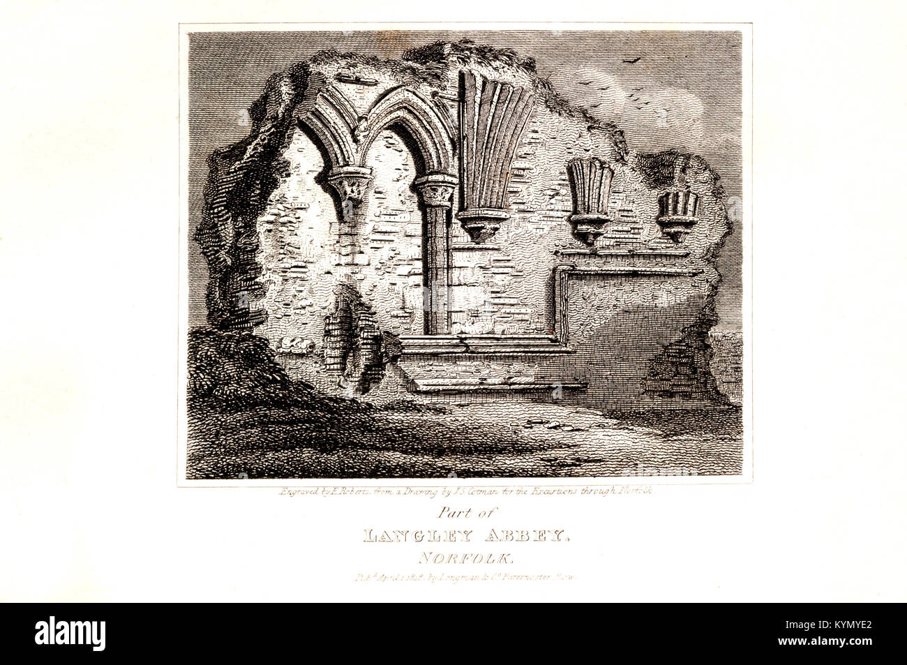 Incisione di parte di Langley Abbey, Norfolk da E. Roberts da un disegno di J S Cotman. Dalle escursioni attraverso Norfolk 1818. Foto Stock