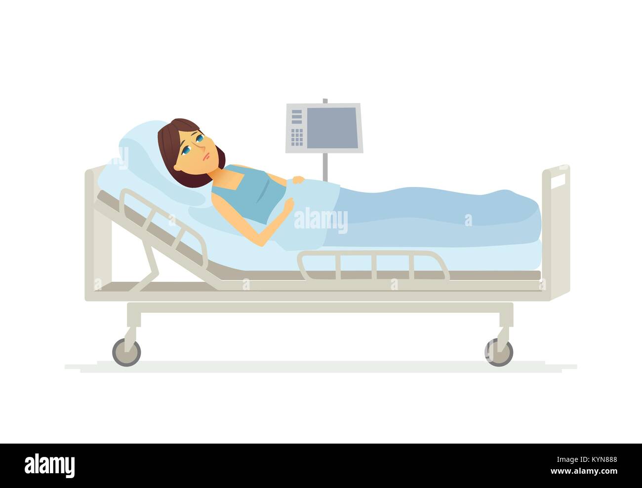Donna sdraiata nel letto di ospedale - cartoon persone illustrazione dei caratteri Illustrazione Vettoriale