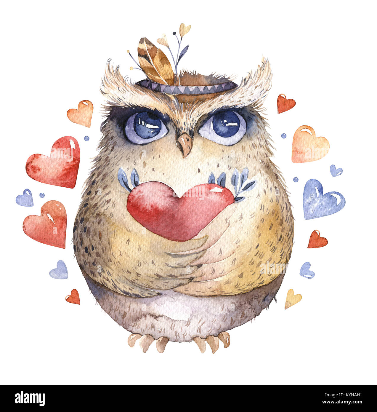 Io vi amo. Bella illustrazione ad acquerello con dolci gufi, cuori e fiori in colori incredibili. Incredibile romantico San Valentino owl card realizzato in tecnica ad acquerello. Luminosa di San Valentino design isolato con amore. Foto Stock