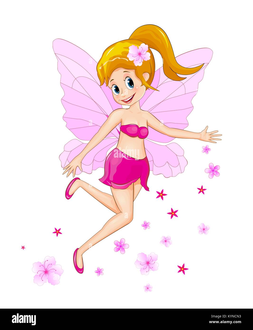 Rosa fiore fata. Cartoon fairy in abiti rosa su sfondo bianco. Flying fairy e fiori. Illustrazione Vettoriale