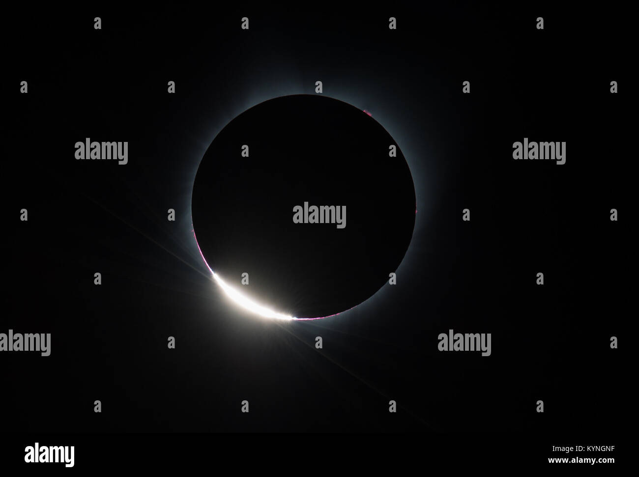 La corona diamantata effetto è visto come la luna fa la sua mossa finale di oltre il sole durante l'eclisse solare totale sul Lunedi, agosto 21, 2017 al di sopra di Madras, Oregon. Un eclisse solare totale spazzato attraverso una porzione ristretta di contigui Stati Uniti da Lincoln Beach, Oregon a Charleston, Carolina del Sud. Una parziale eclissi solare era visibile in tutto il nord del continente americano insieme con alcune parti del Sud America, Africa ed Europa. Photo credit: (NASA/Aubrey Gemignani) Foto Stock