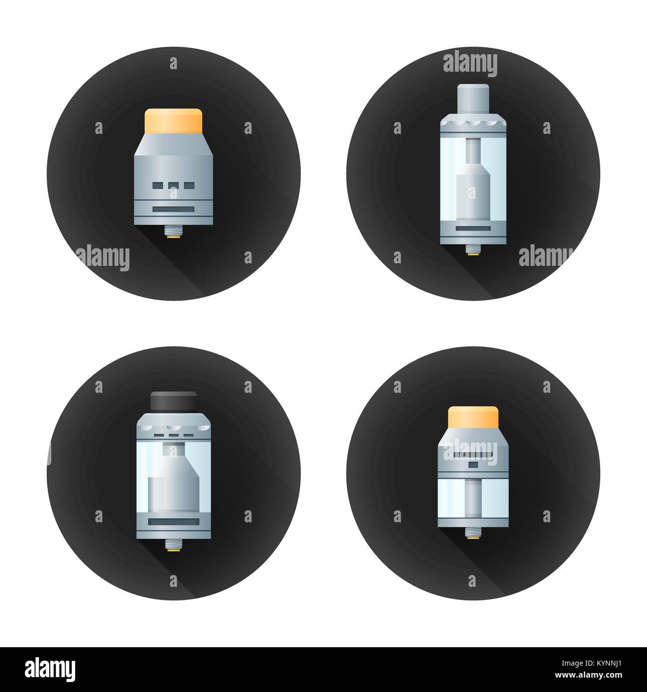 Vettore piatto colorato design realistico illustrazioni varie rebuildable antigoccia e serbatoio vape polverizzatori tipi RDA RDTA RTA RBA lunga ombra cerchio nero i Illustrazione Vettoriale