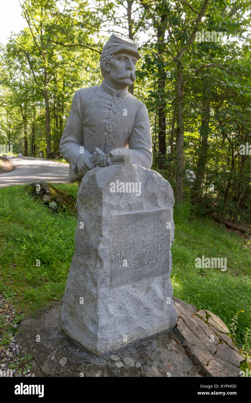 Il 2 ° società Massachusetts Sharpshooters 'Andrews Sharpshooters' monumento, Gettysburg National Military Park, Pennsylvania, Stati Uniti. Foto Stock