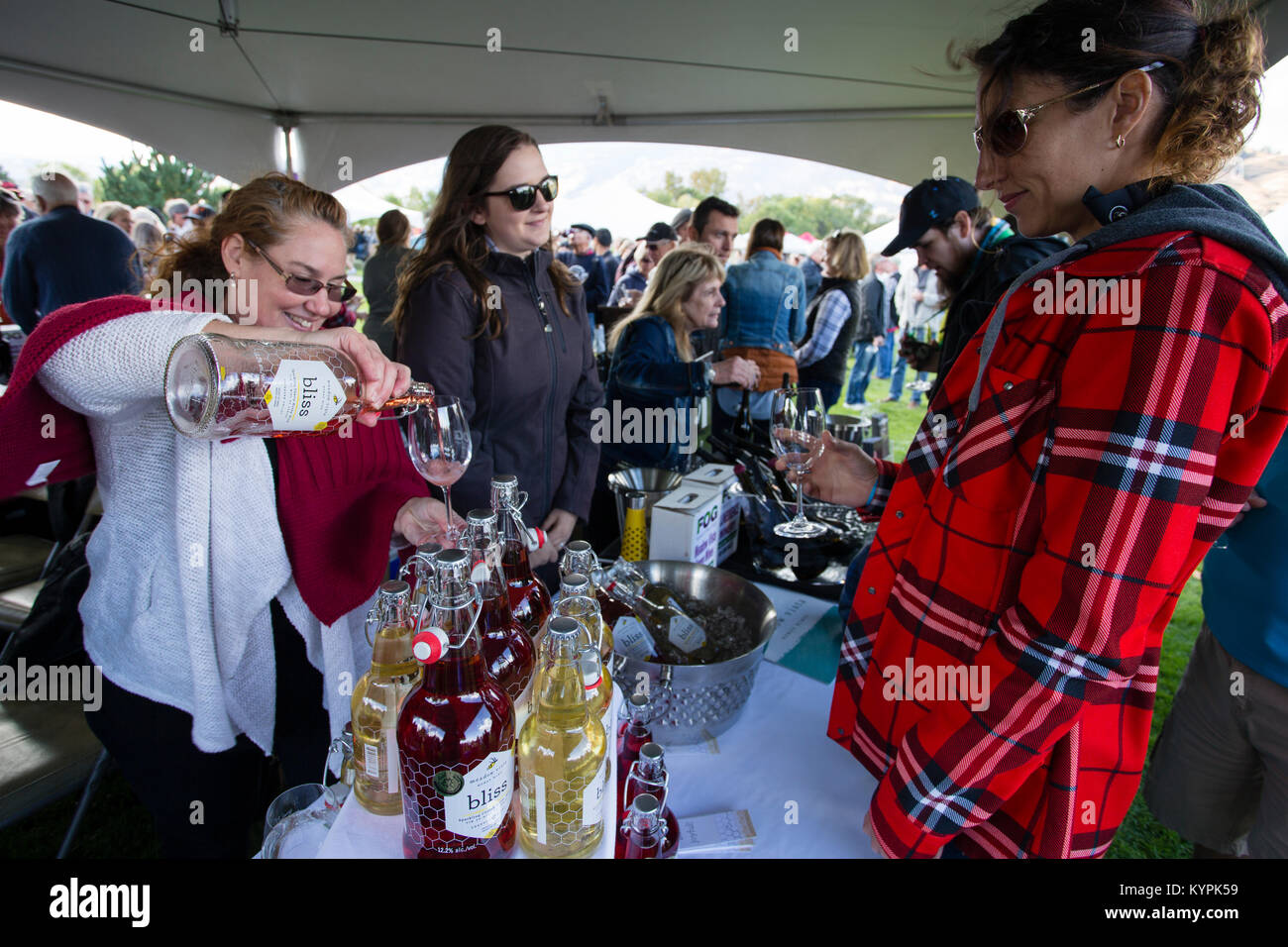 Visitare ai partecipanti la degustazione di vari vini che sono in mostra presso il Festival annuale dell'uva si trova in Oliver, British Columbia, Canada. Foto Stock