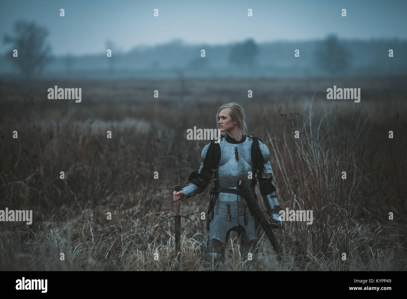 La ragazza di immagine di Jeanne d'Arc in armatura e con la spada nelle sue mani si erge sul prato in medio di erba secca. Foto Stock