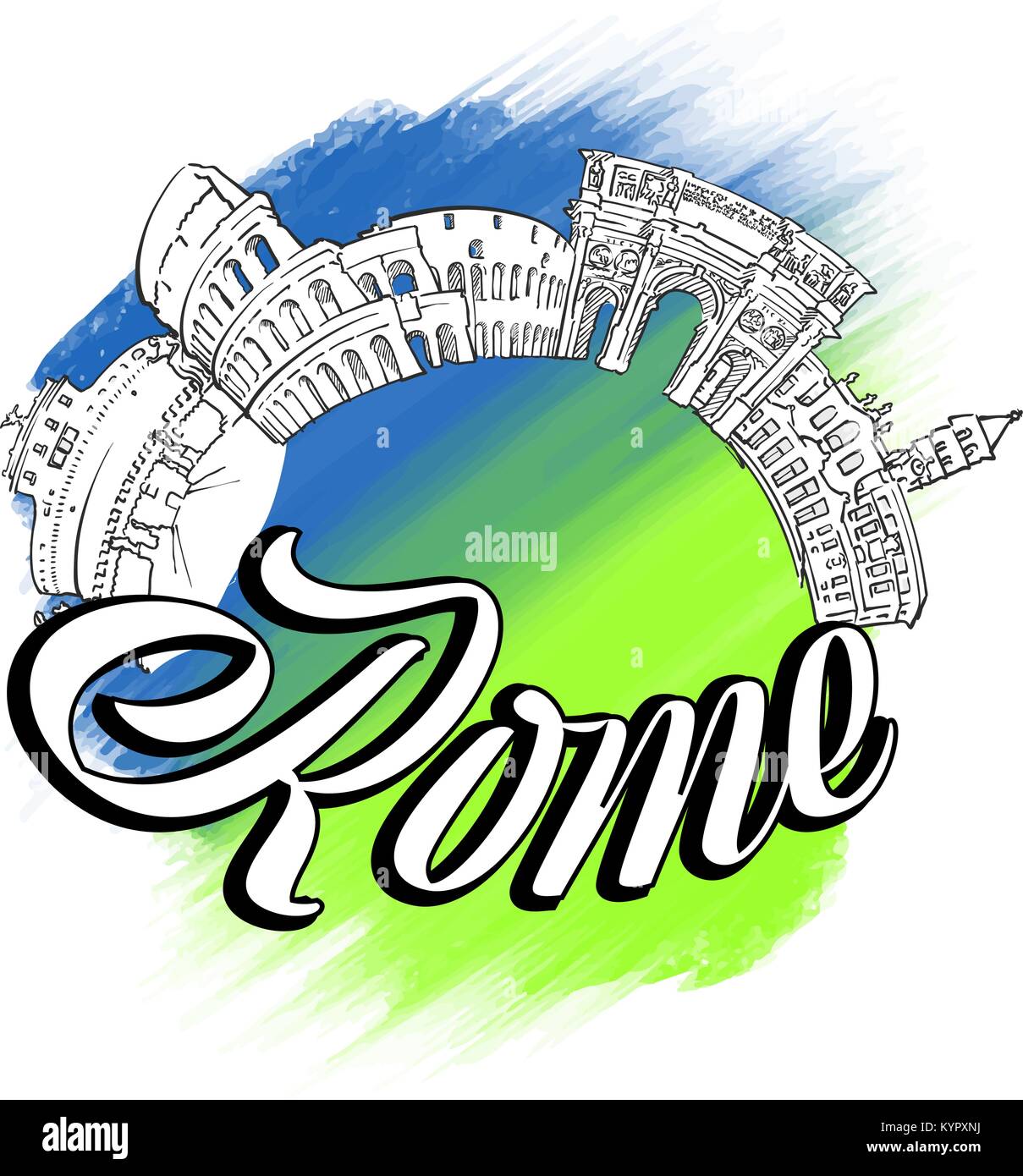 Panorama di Roma i punti di riferimento del logo. Vettore di viaggio sketch. Sfondo colorato Illustrazione Vettoriale
