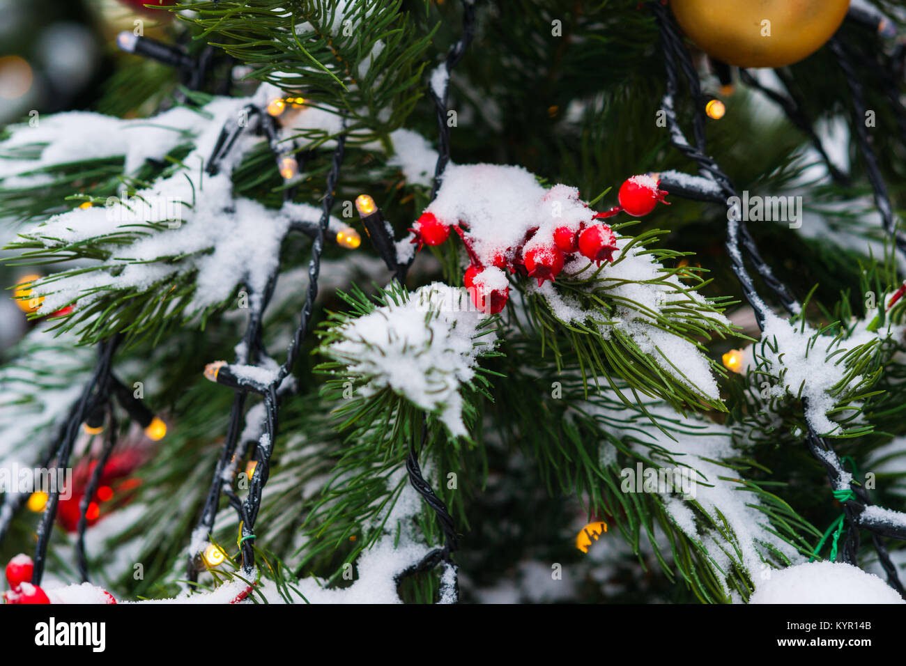 Coperta di neve albero di Natale decorato con il rosso e il giallo di vetro palline di ornamento, giocattoli e luci elettriche. La gioia della stagione di vacanze Foto Stock