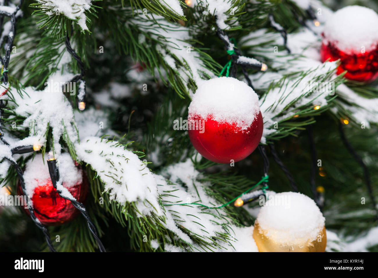 Coperta di neve albero di Natale decorato con il rosso e il giallo di vetro palline di ornamento, giocattoli e luci elettriche. La gioia della stagione di vacanze Foto Stock