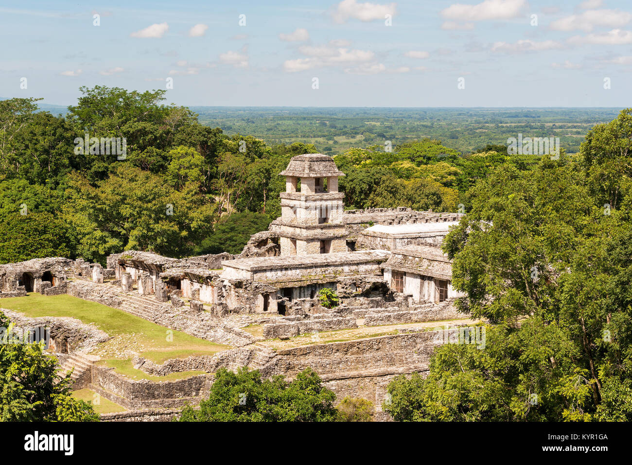 PALENQUE, Messico - 29 novembre: elevato angolo di visione dell'antico Palazzo Maya presso il sito del patrimonio mondiale il 29 novembre 2016 in Palenque. Palenque è stata declar Foto Stock