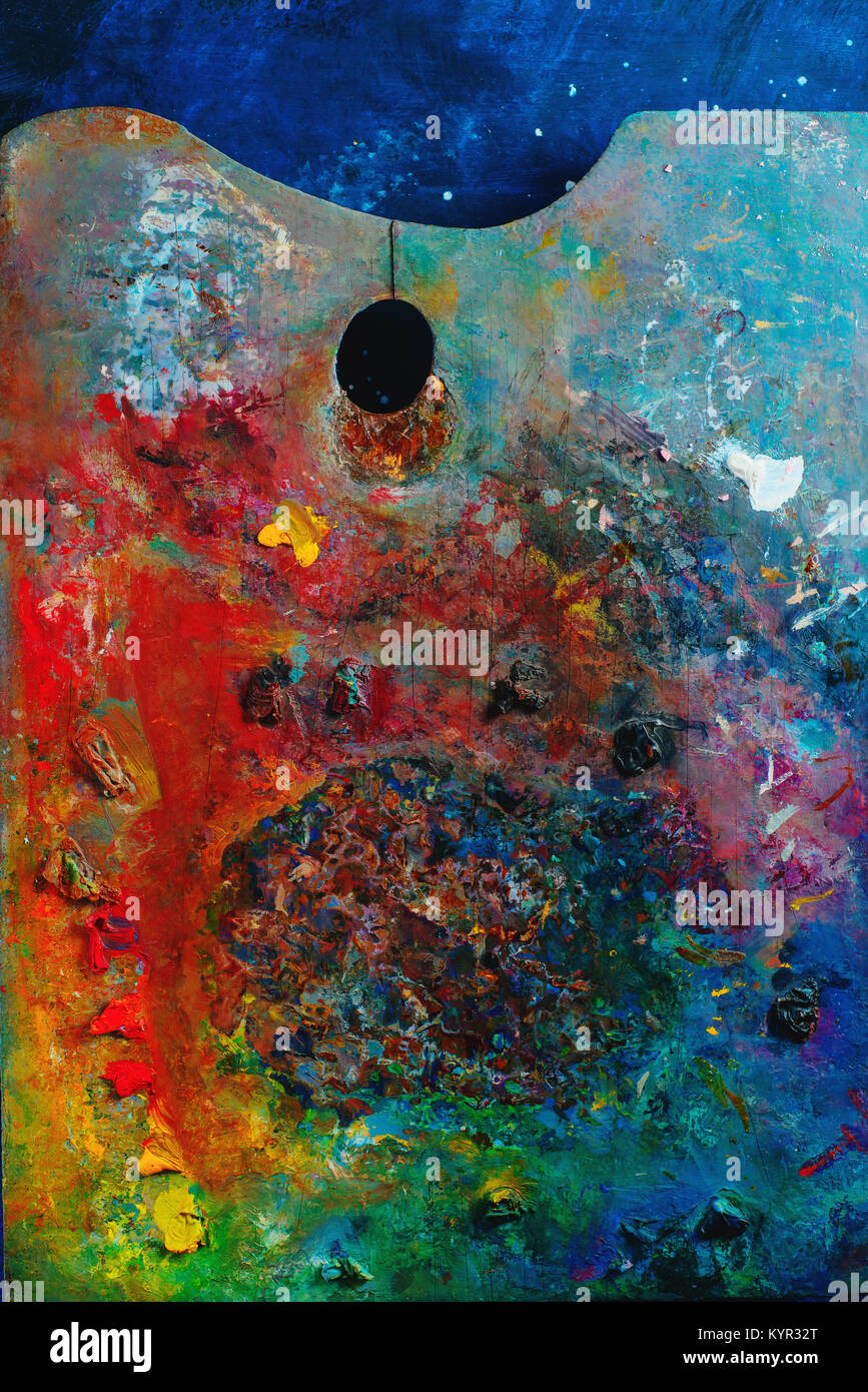 Pittura a olio tavolozza texture da sopra. Occupazione creativa del concetto. Lay piatto con copia spazio. Foto Stock