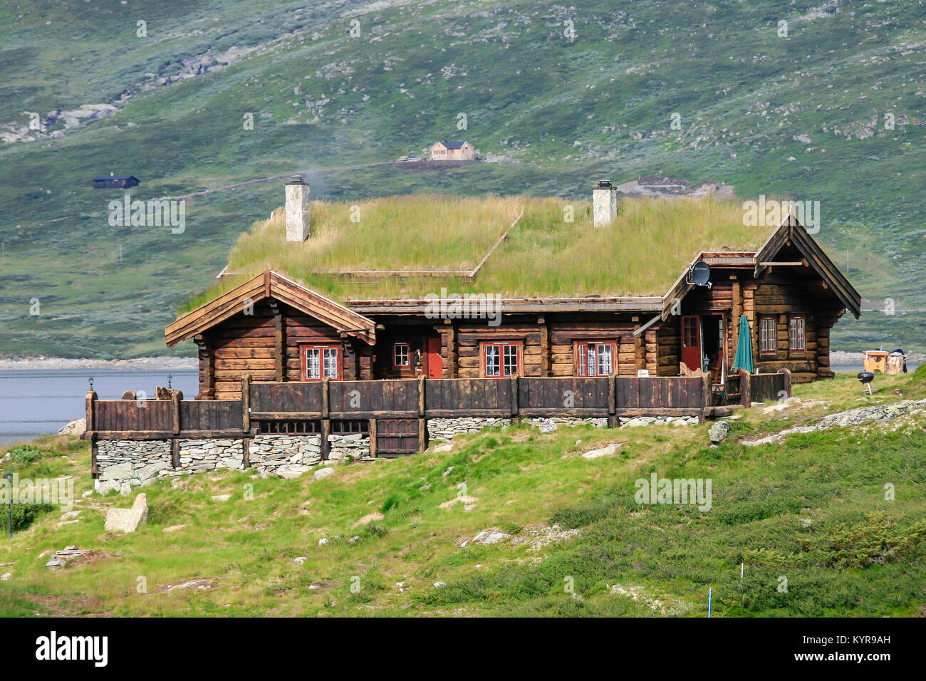 Norwegian case di legno costruite in tradizionale tecnica utilizzata in Viking e medievale con l'erba sui tetti di Sogn og Fjordane contea in Norvegia Foto Stock