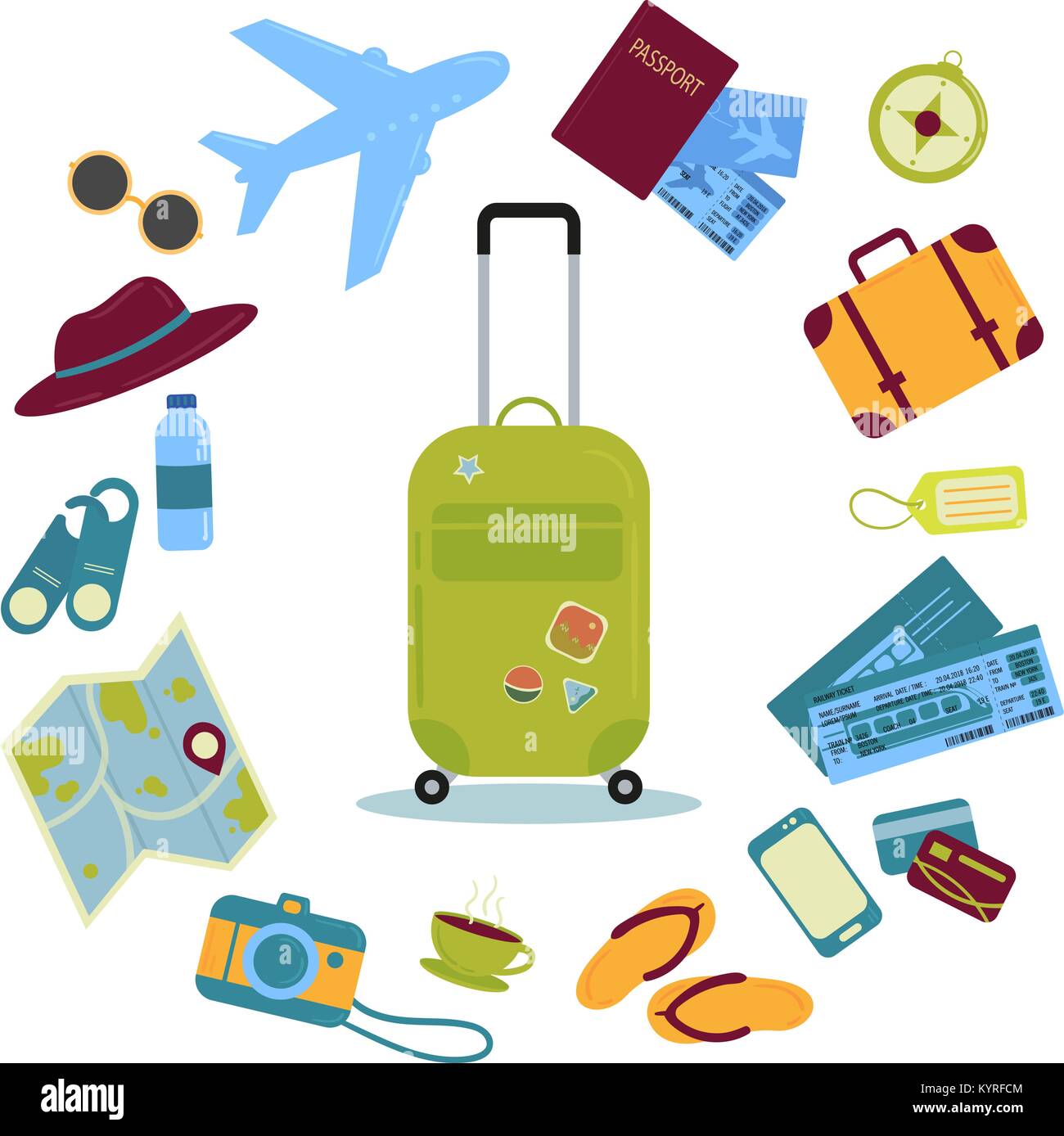 Set di icone di viaggio e immagini. Valigia, biglietti, ecc. Illustrazione Vettoriale