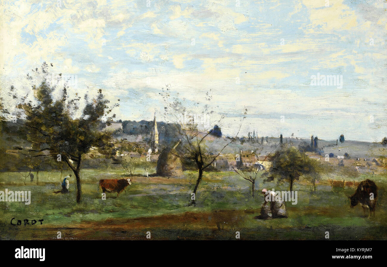 Camille Corot - Onu village des dintorni de Mantes Foto Stock