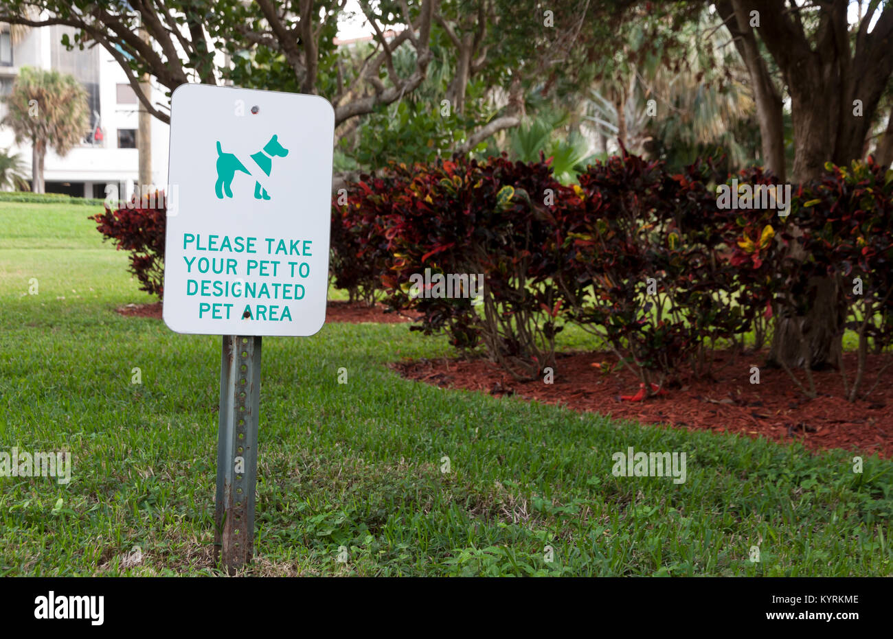 Segno che raccontano i proprietari di cani a prendere il loro pet pet designata zona e non a piedi il cane sul prato. Foto Stock