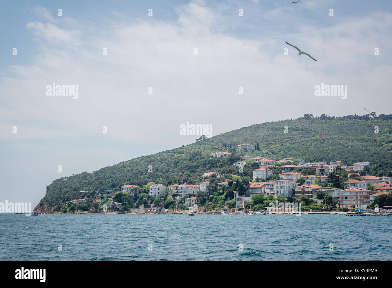 Vista di Burgazada isola dal mare.L'isola è una delle quattro isole chiamato sulle Isole dei Principi nel Mar di Marmara, nei pressi di Istanbul, Turchia.20 Maggio 2017 Foto Stock