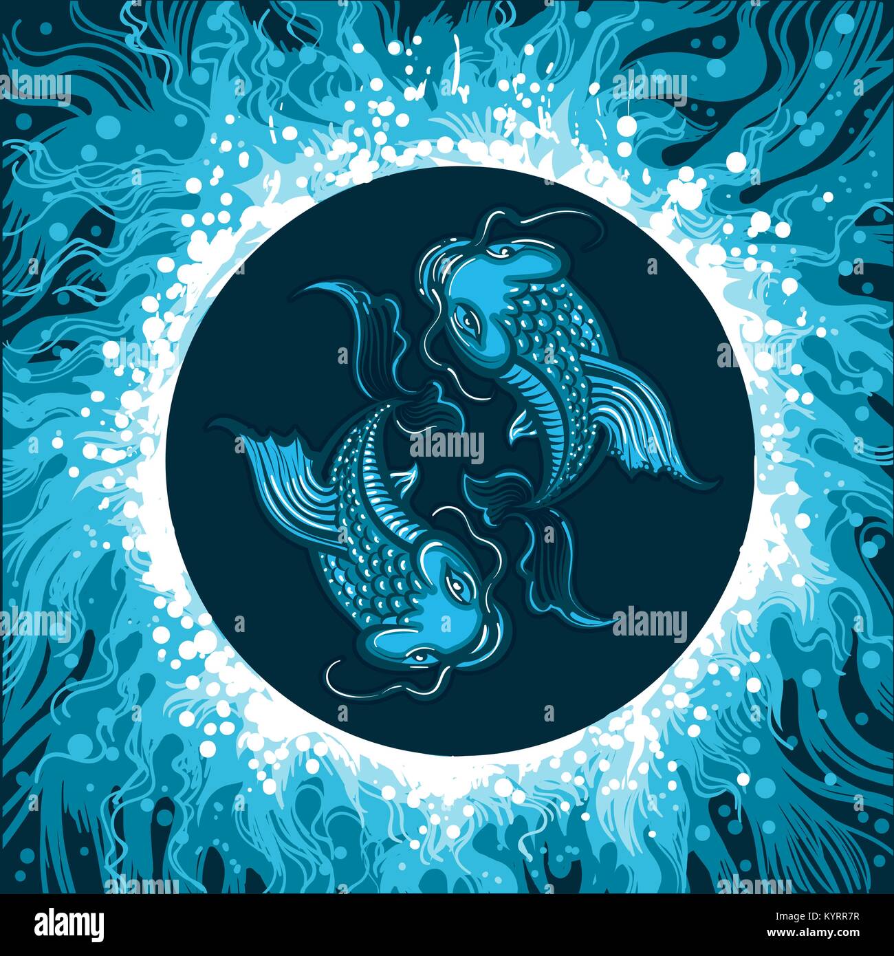 Carpa pesci nell'acqua. Zodiaco simbolo di pesci sul fondo di acqua. Illustrazione Vettoriale. Illustrazione Vettoriale