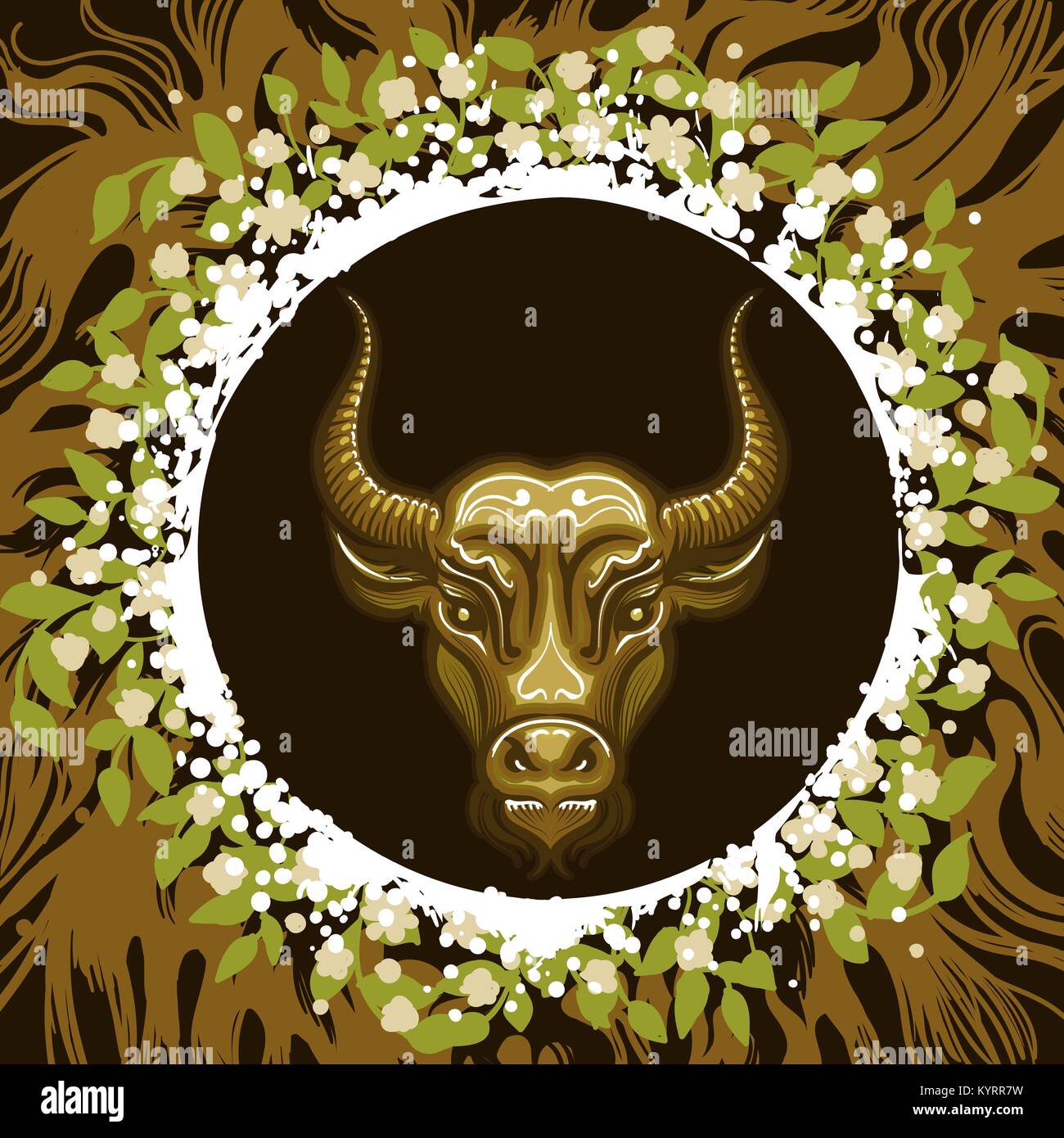 Testa di toro in frame di foglie e radici. Zodiaco simbolo del toro sulla terra lo sfondo. Illustrazione Vettoriale. Illustrazione Vettoriale