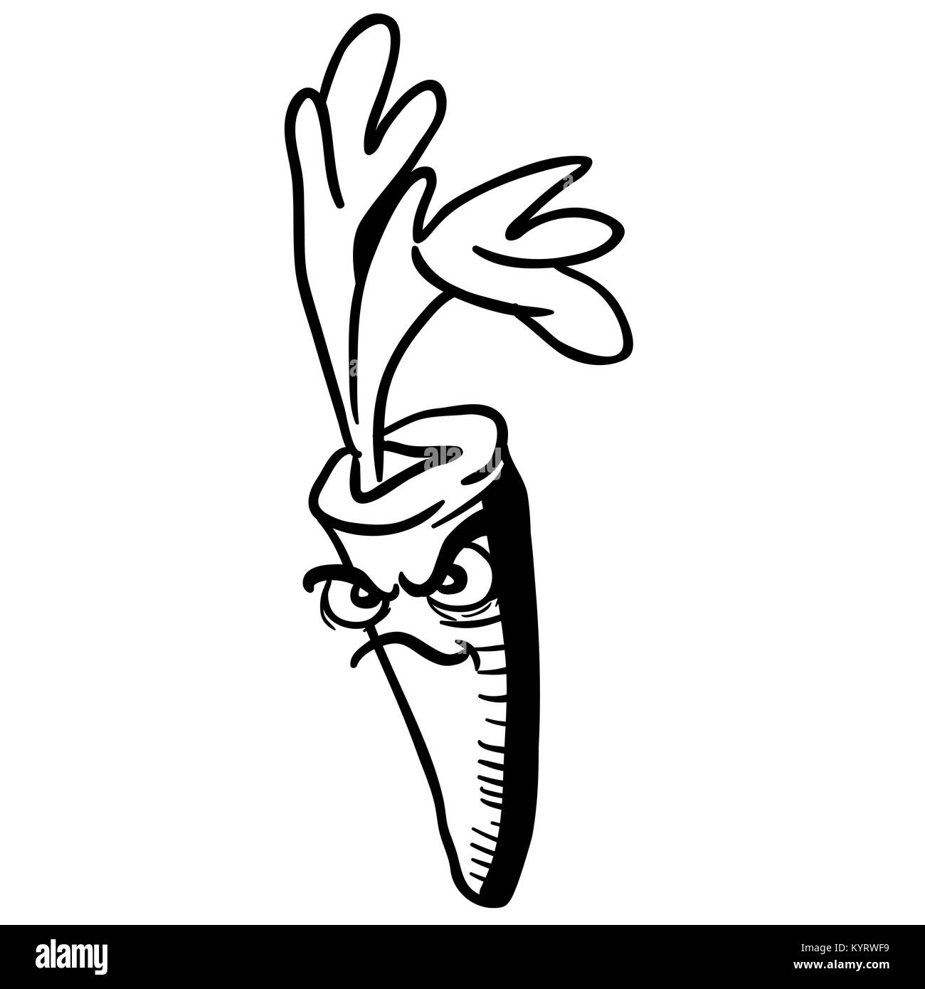 Bianco e nero arrabbiato carota cartoon illustrazione isolato su bianco Foto Stock