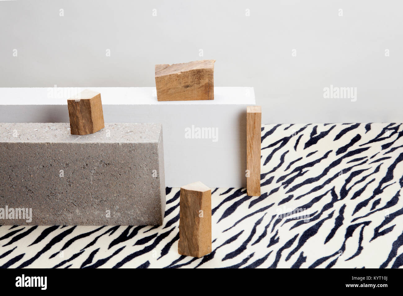 2 blocchi di cemento e il pezzo di legno grezzo su una zebra moquette a motivi geometrici. Colore minima ancora vita fotografia Foto Stock