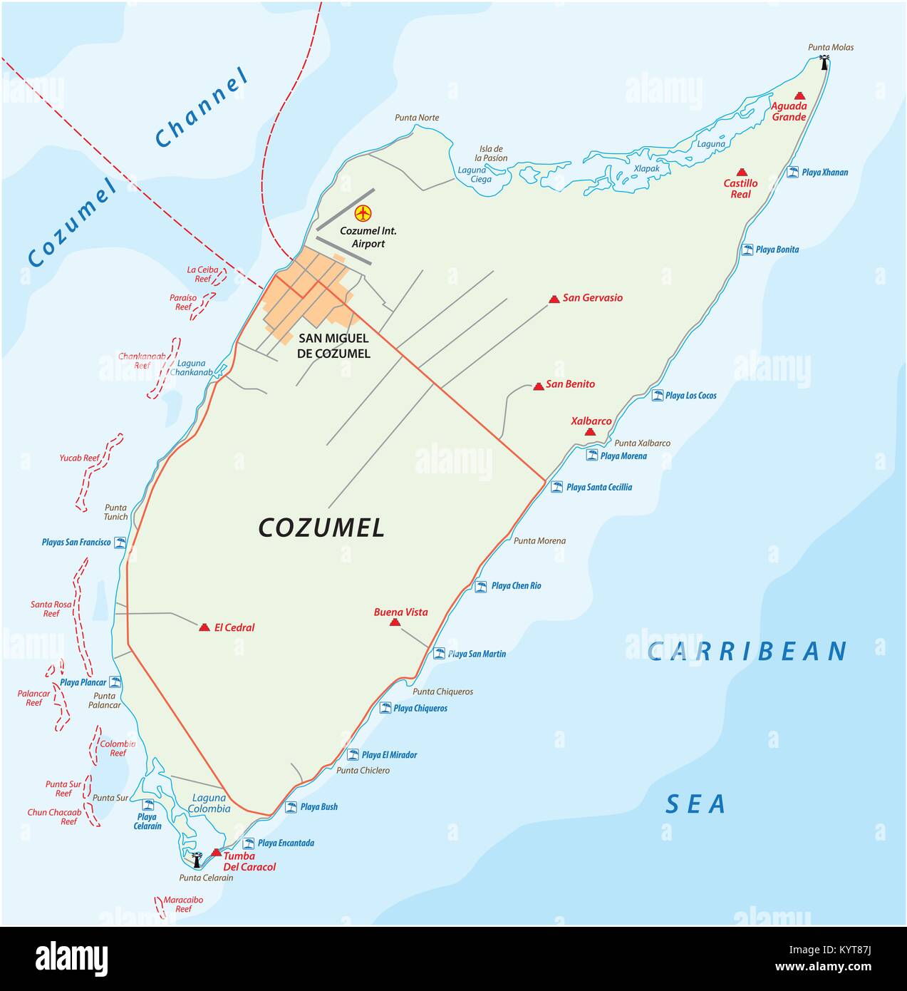 Cozumel beach e strada mappa vettoriale, Messico Illustrazione Vettoriale