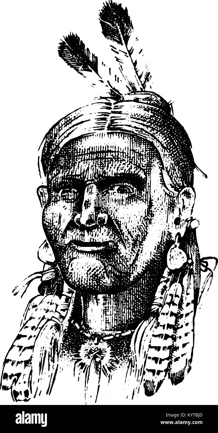 Native American Indian uomo con copricapo e piume. Nord o ovest mascotte di testa dei Sioux. cultura tradizionale. semi-face, inciso disegnati a mano realistico nel vecchio sketch, in stile vintage. Illustrazione Vettoriale