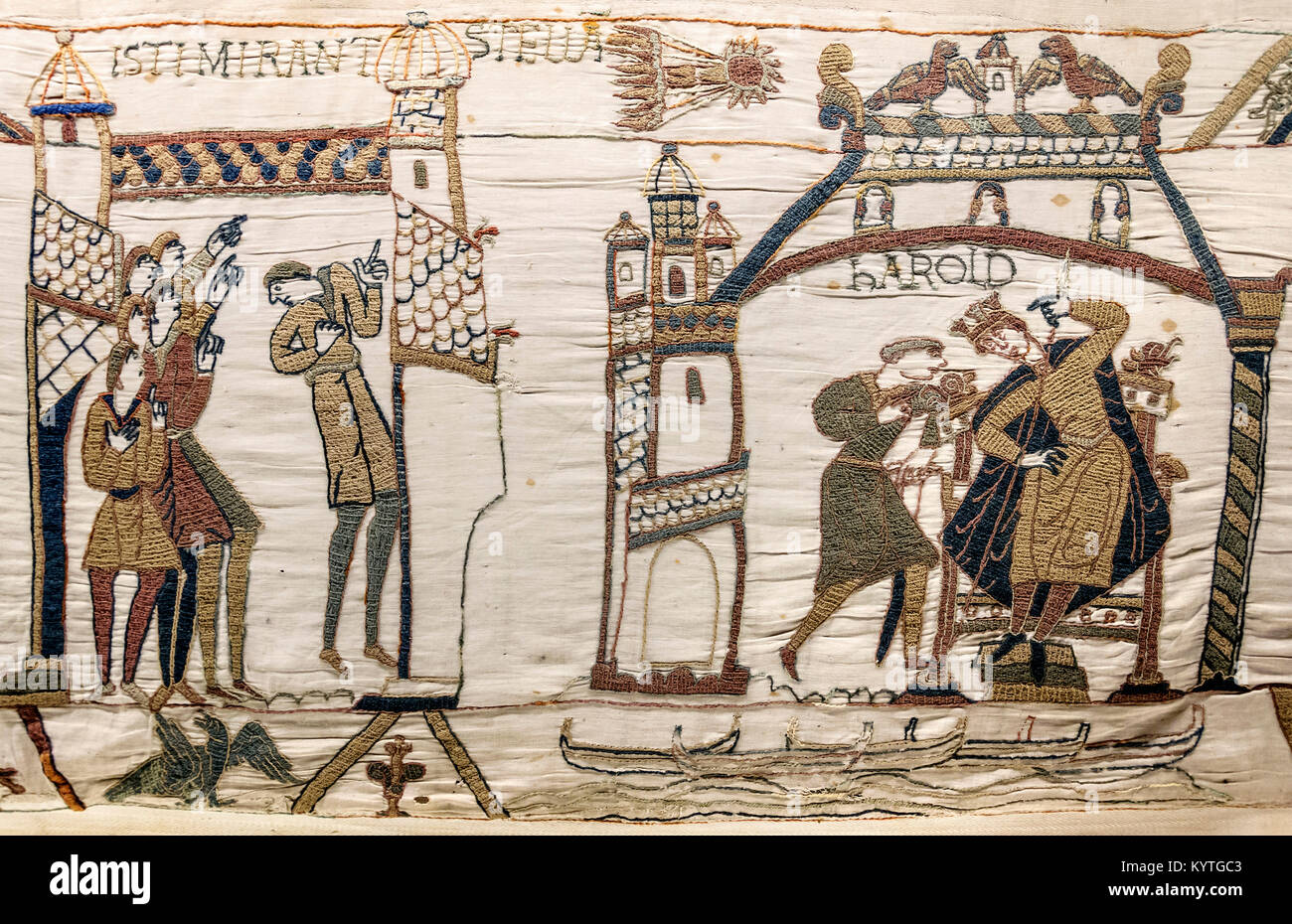 Dettaglio dall'Arazzo di Bayeux mostra cometa di Halley e Harold a Westminster Foto Stock