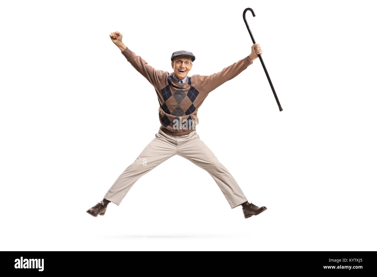 A piena lunghezza Ritratto di un contentissimo senior con una canna jumping isolati su sfondo bianco Foto Stock
