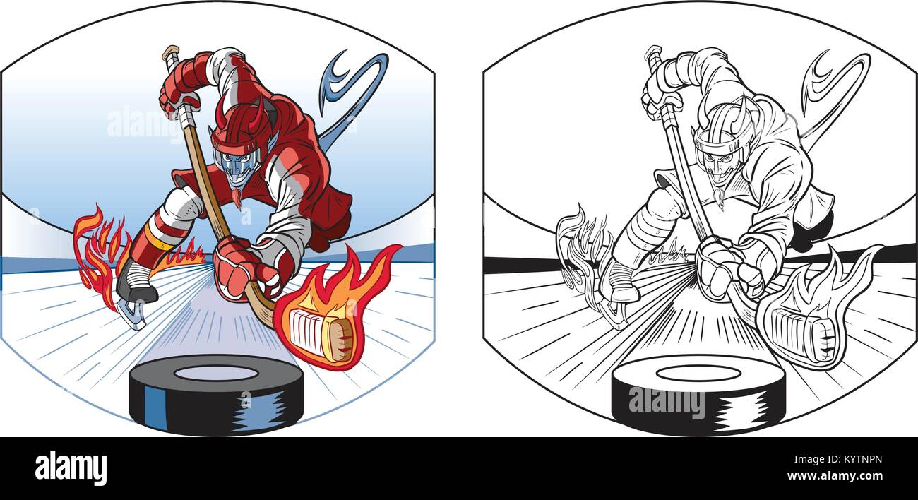 Vector cartoon clip art illustrazione di un diavolo mascotte in uniforme Riproduzione di hockey su ghiaccio, lasciando una scia di fuoco dietro i suoi pattini, colpendo un puck con un Illustrazione Vettoriale