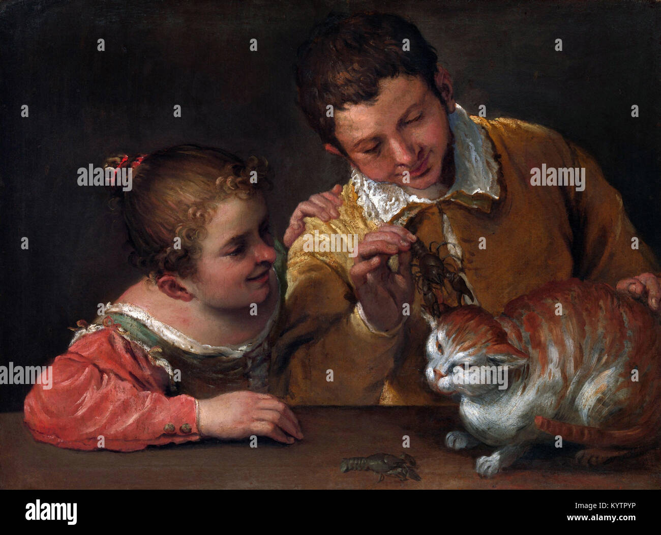 Annibale Carracci - Due bambini Teasing un gatto Foto Stock