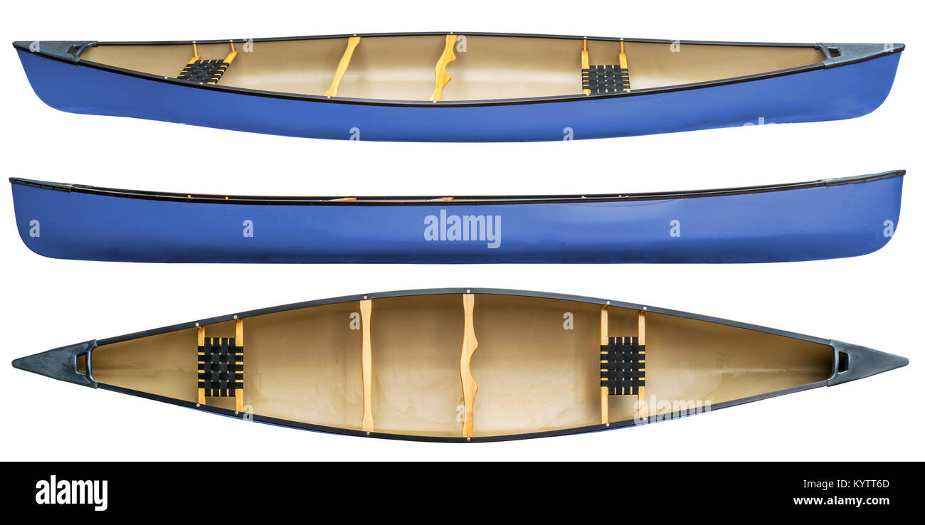 Blu canoa in tandem con sedili di legno isolato su bianco - vista superiore e laterale Foto Stock