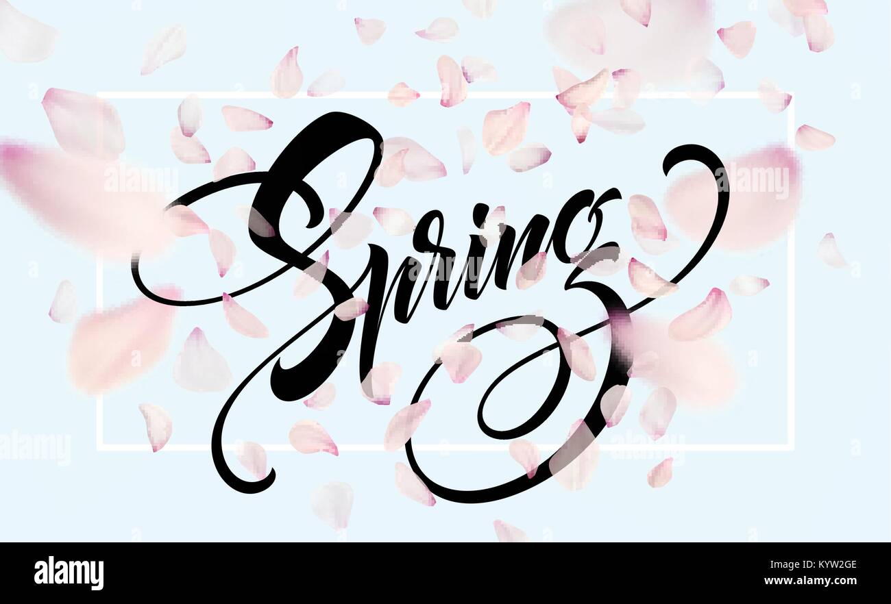 La molla lettering banner web modello. Colore rosa sakura cherry blossom flower cielo blu sullo sfondo del paesaggio design. Illustrazione Vettoriale Illustrazione Vettoriale