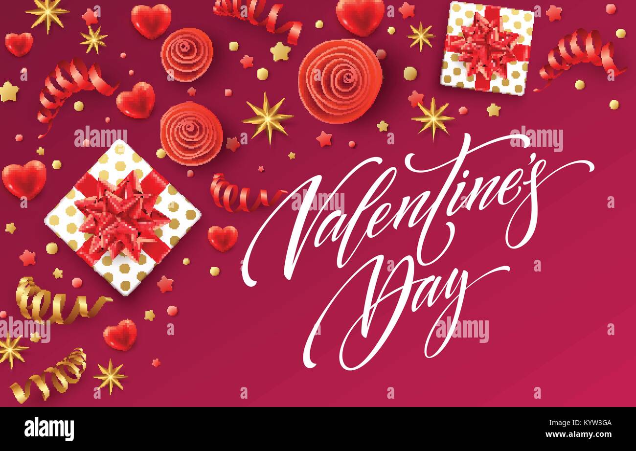 Disegnata a mano calligraphy lettering felice il giorno di San Valentino. Colore scatola regalo, fiocchi e nastri. Illustrazione Vettoriale Illustrazione Vettoriale