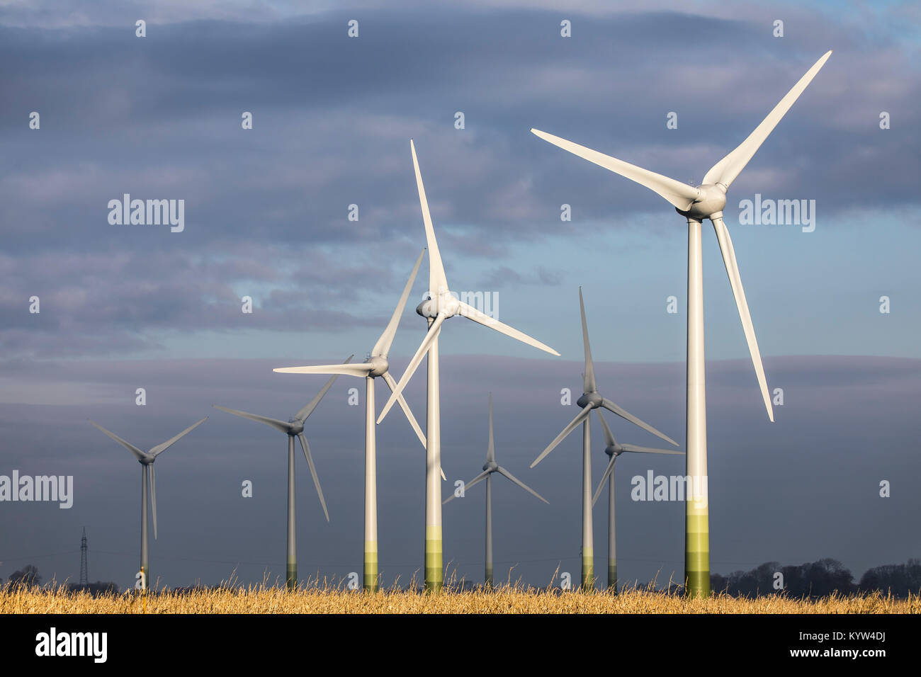 Impianto di energia eolica, wind farm in Frisia orientale, Bassa Sassonia, Germania settentrionale, Foto Stock