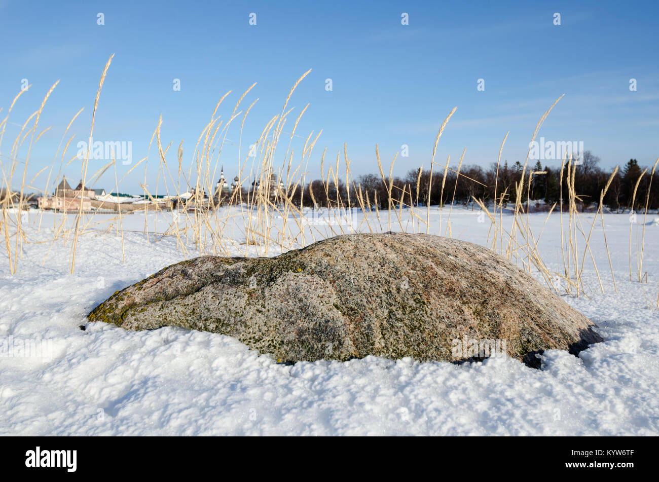 La Russia, regione di Arkhangelsk, Solovki. Vista dal mare bianco. La pietra scongelata Foto Stock