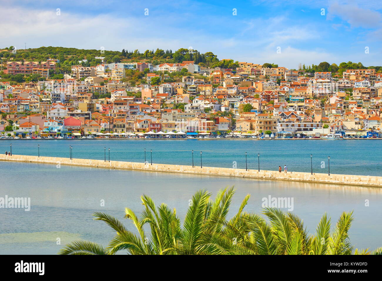 Vista del ponte di Drapanos e Argostoli Town, l'isola di Cefalonia, Grecia Foto Stock