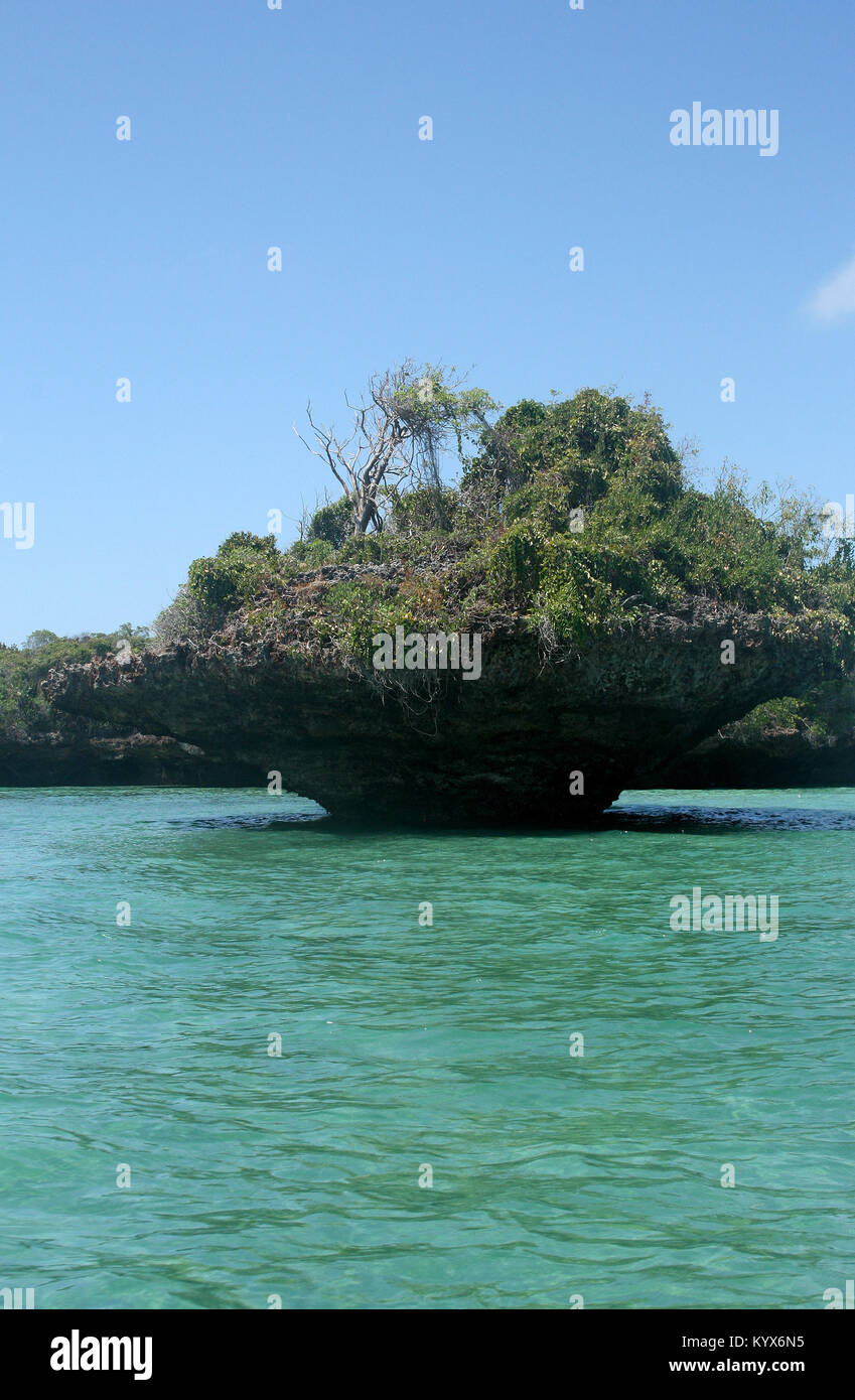 Vista di un piccolo eroso platformed isola accanto alla più grande isola, Zanzibar, Tanzania. Foto Stock