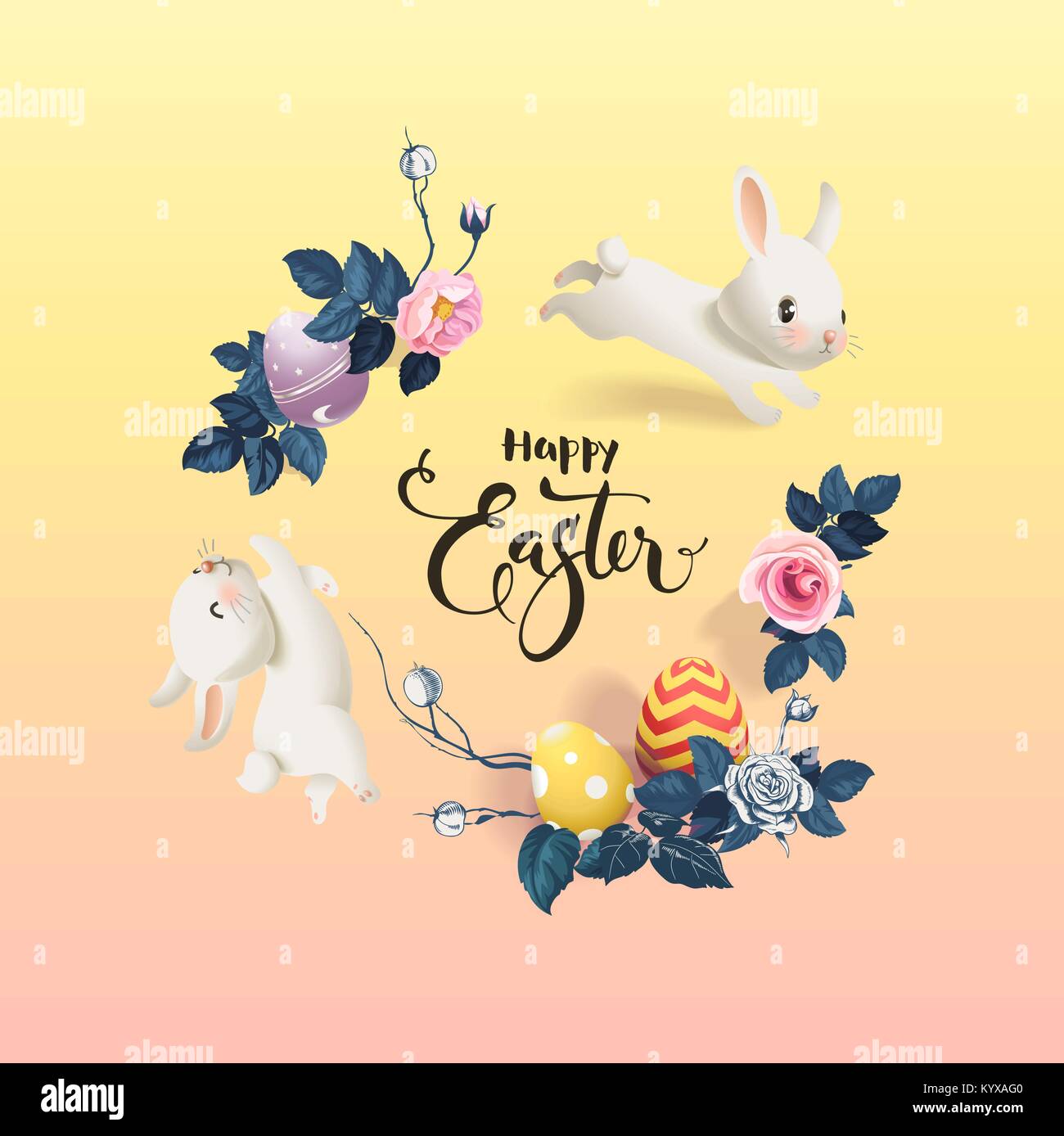 Felice Pasqua iscrizione circondato da uova decorate, simpatici coniglietti bianco e bellissima mezza colorati fiori di rosa. Desiderio di vacanza e decorazioni stagionali. Illustrazione Vettoriale per biglietto di auguri, banner Illustrazione Vettoriale