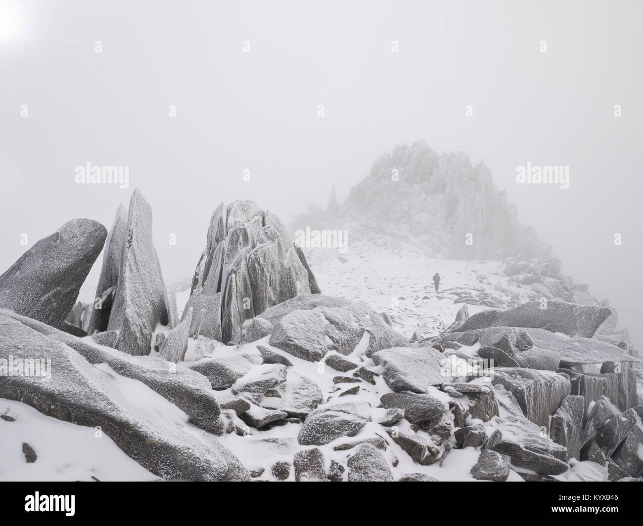 Una collina walker emerge dalla nebbia nelle vicinanze Castell Gwynt y su Glyder Fach, Snowdonia Foto Stock