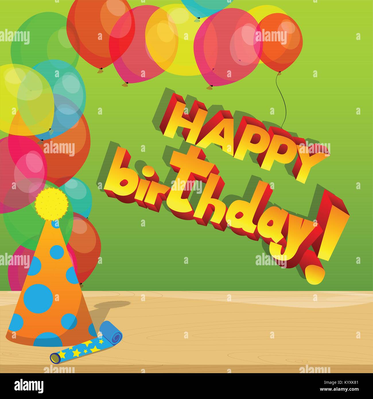 Tappo di compleanno e carta parte avvisatore acustico su un tavolo, palloncini e Buon Compleanno testo sullo sfondo. Vettore stile fumetto illustrazione. Illustrazione Vettoriale