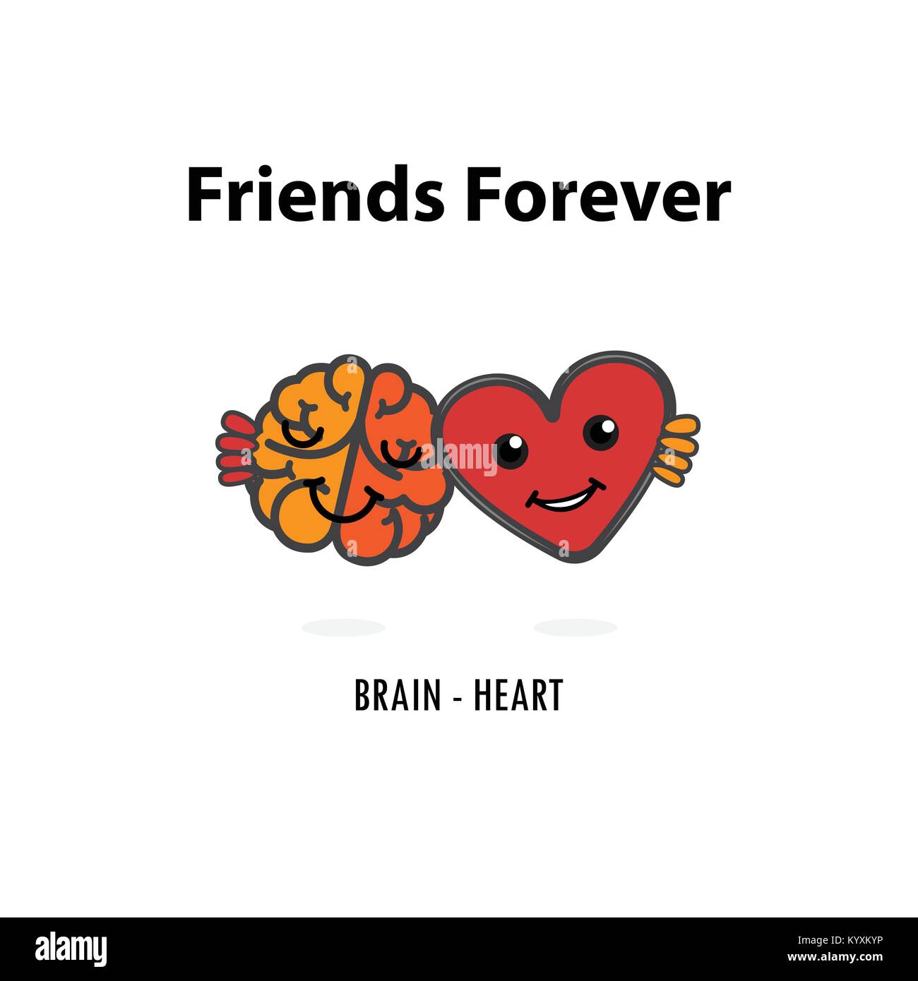 Icona del cervello e cuore vector logo design template.Cuore e cervello personaggio dei fumetti con amici per sempre concetto.illustrazione vettoriale. Illustrazione Vettoriale