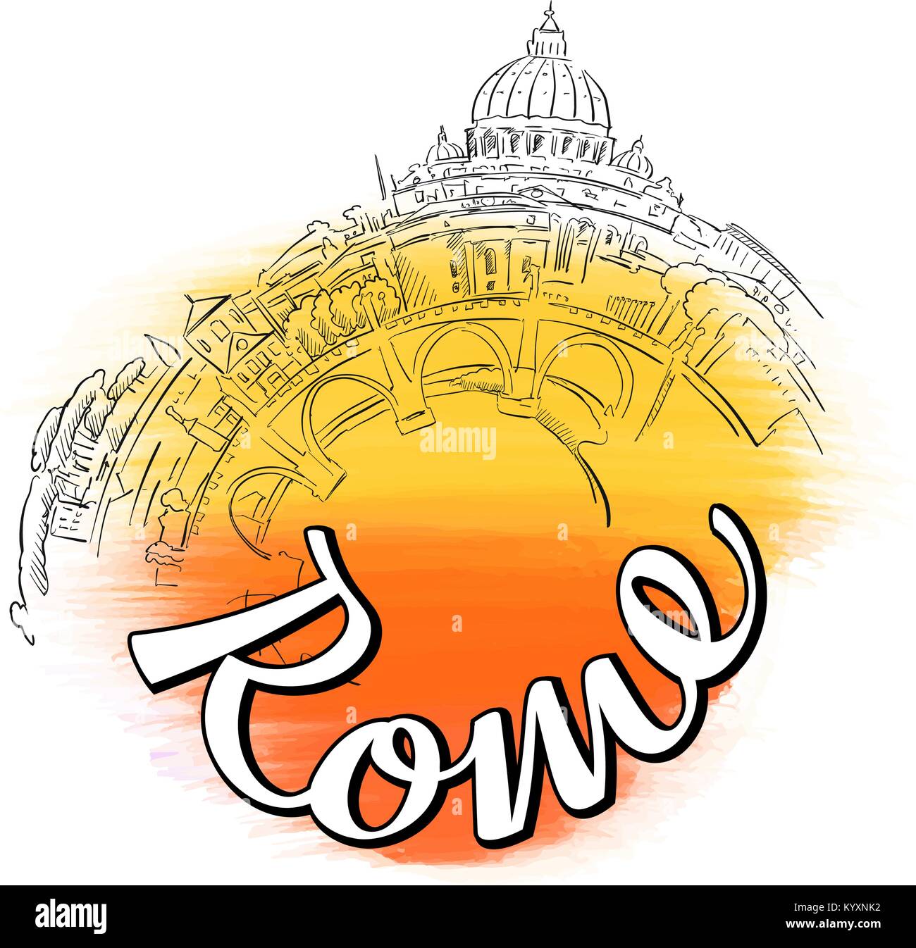 Panorama di Roma il Logo di viaggio. Punto di riferimento colorato disegno vettoriale. Illustrazione Vettoriale